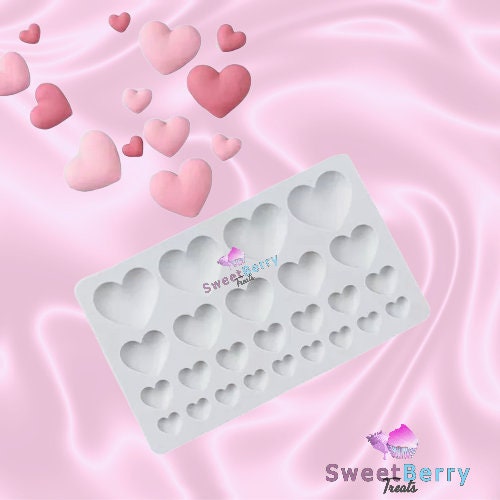 Large 25 cavity Silicone Heart Mold, Assorted Size Hearts Mold, Fondant mold, Chocolate mold, wax mold
