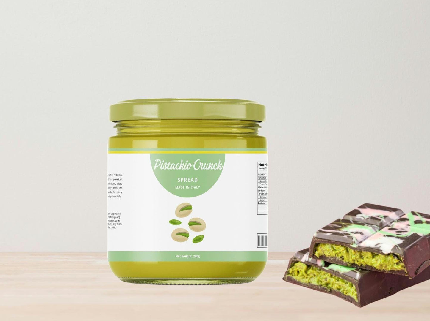 Pistachio Crunchy Knafeh Spread- glass jar, Sicilian pistachio butter and toasted knafeh, Dubai chocolate filing